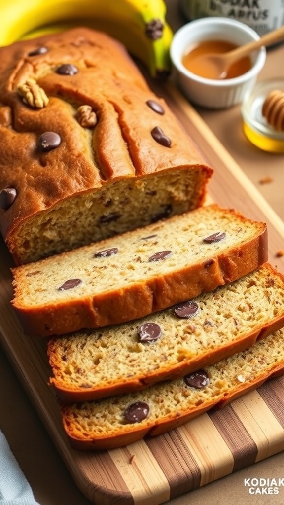 Sliced Kodiak Cakes banana bread on a cutting board with ripe bananas and honey.